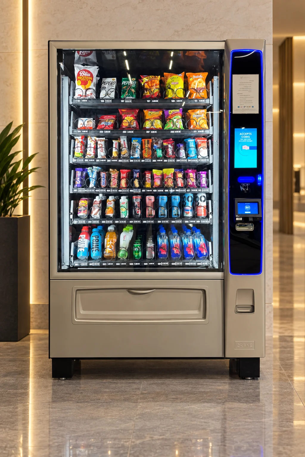 Our silver vending machine in an elegant stone lobby, an edited setting concept.