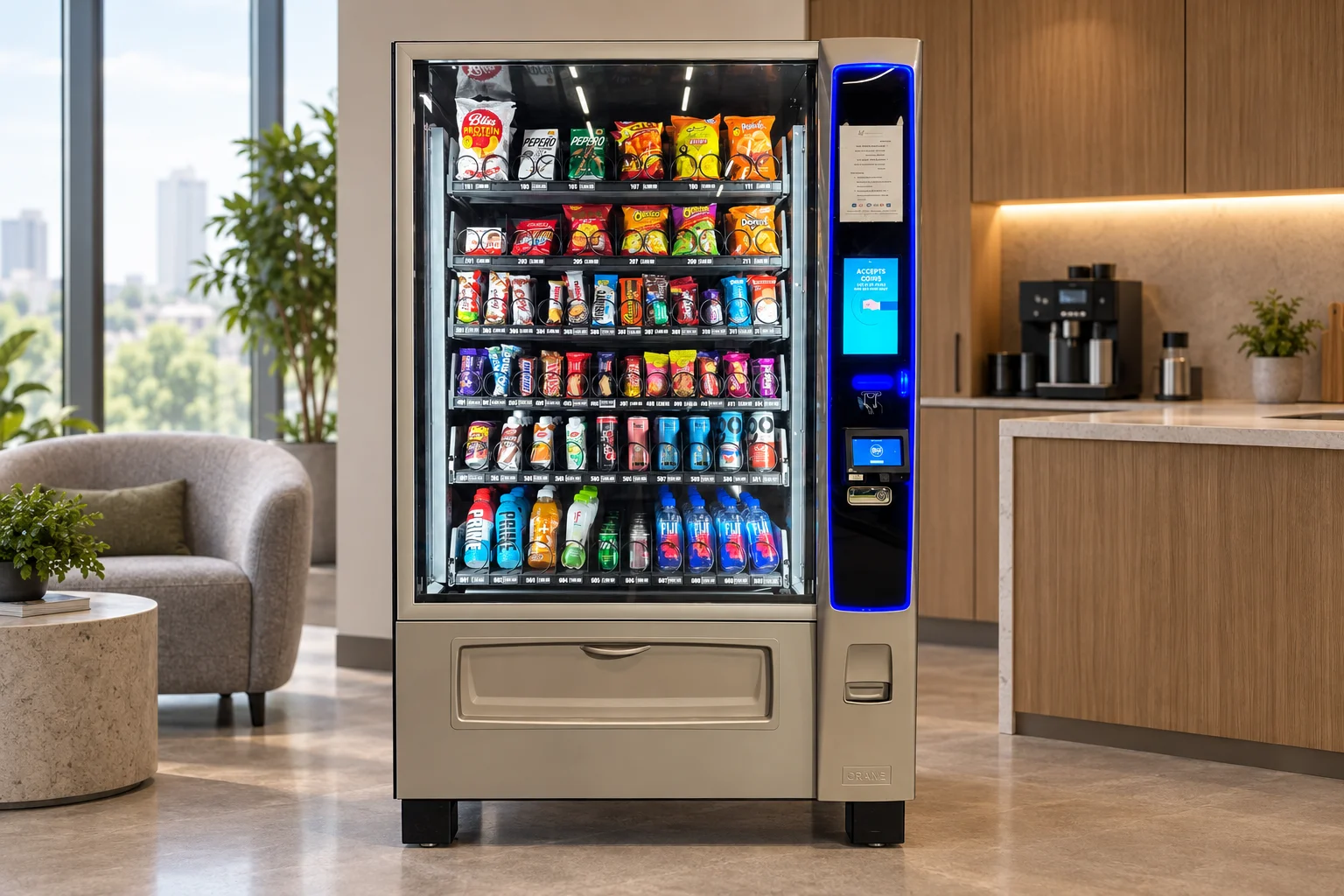Our vending machine in a contemporary office break area — a location visualisation.